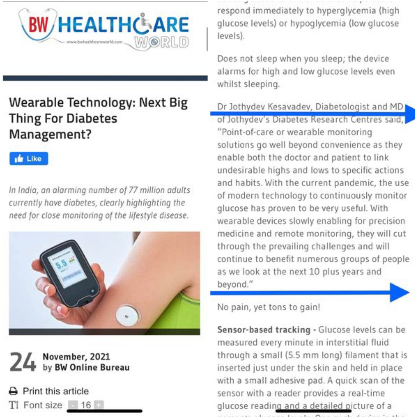 Article by Dr.Jothydev Kesavadev in BW Healthcare World