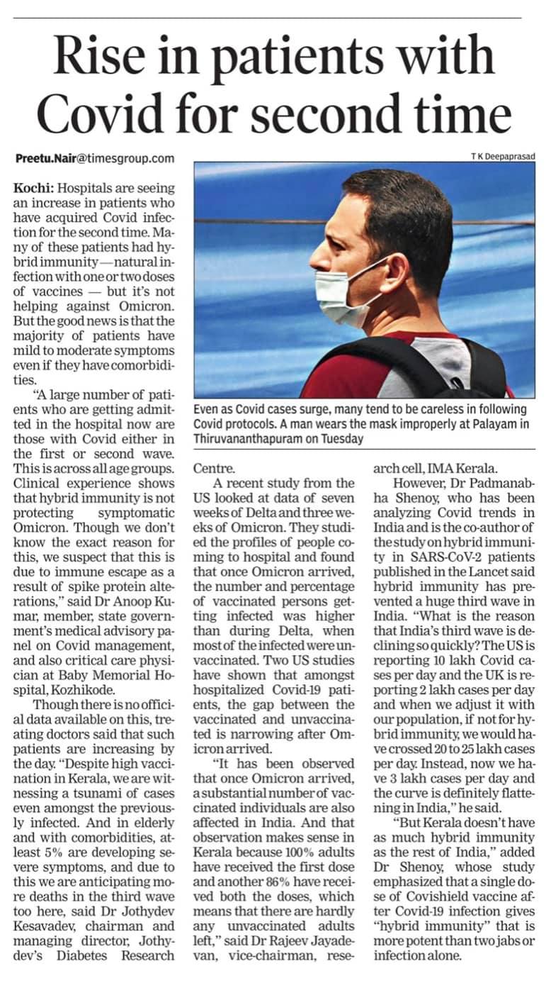 January 27, 2022:Dr.Jothydev Kesavadev in Times of India