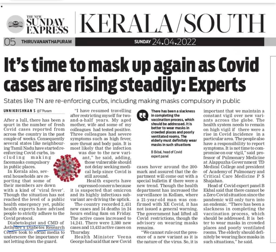 April 25, 2022: Quote by Dr. Jothydev Kesavadev in the New Indian Express